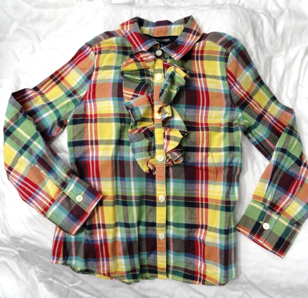 Ralph Lauren Button Up Long Sleeve Shirt Girls Size 5 Yellow Blue Plaid Ruffles